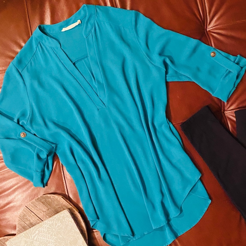 Teal Split Neck Roll Sleeve Tunic Blouse S EUC